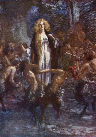 "Satyrene danset rundt henne i glede" (farge litho) av Gertrude E. Demain (after) Hammond