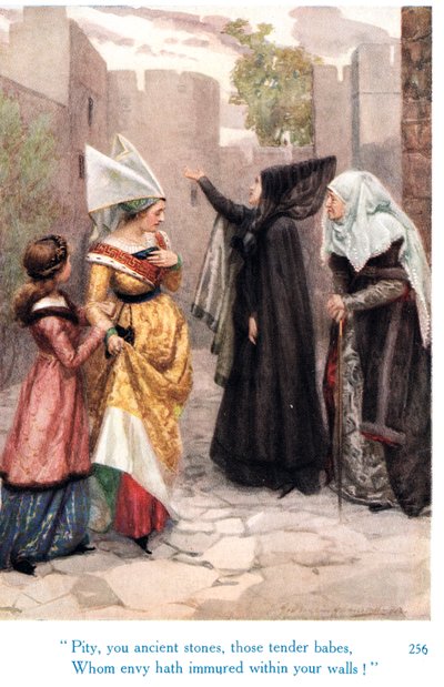 «Synd, dere eldgamle steiner, de ømme babes, som misunnelse har smyget seg innenfor murene deres!», illustrasjon fra «Shakespeares historier om de engelske kongene», utgitt av George Harrap & Son av Gertrude E. Demain Hammond