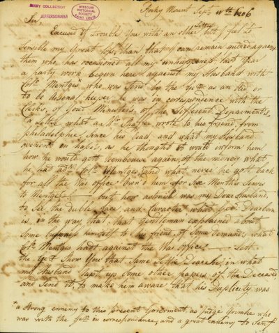 Brev signert Gertrude Joan Senf, Rocky Mount, til Thomas Jefferson, 11. september 1806 av Gertrude Joan Senf