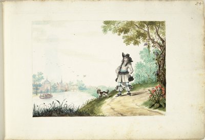 Herre går langs en elv av Gesina ter Borch (signed by artist)
