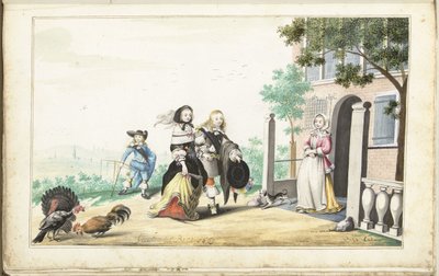 Par hilser på en dame ved døren til et landsted av Gesina ter Borch (signed by artist)