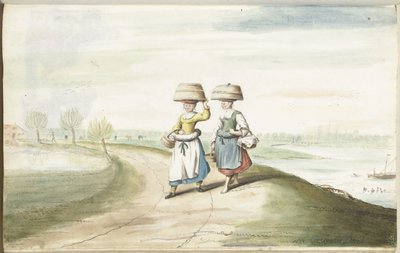 To bondekvinner som går i et landskap av Gesina ter Borch (signed by artist)
