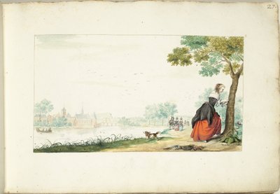 Kvinne etser navn på et tre av Gesina ter Borch (signed by artist)