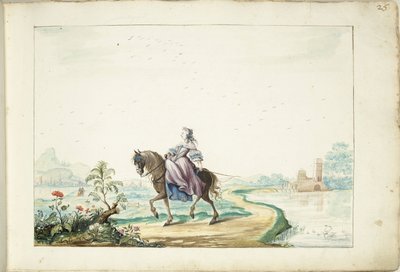 Kvinne til hest i et landskap av Gesina ter Borch (signed by artist)