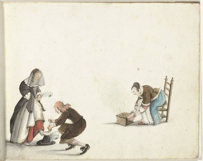 Lord strammer en dames sko og en kvinne setter fyr i en komfyr av Gesina ter Borch