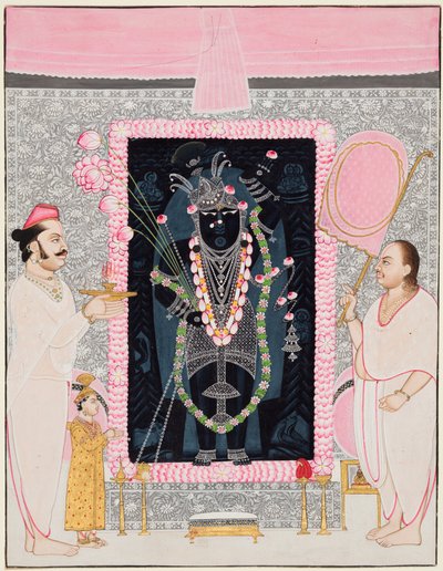Overpresten Tilakayat Govardhanlalji ofrer Shri Nathji for å feire ..., ca. 1890 av Ghasiram Hardev Sharma