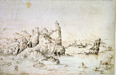 Et slott på en stein i fjellandskapet, 1540. av Gherado Cibo