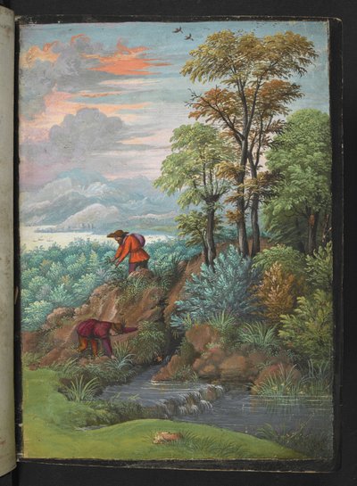 Two men looking for plants in a wooded area, from "Paintings of Flora of the Roman States" by Gherardo Cibo, Add MS 22333, f006r, c.1564-84 (watercolor & gouache on paper)   1351531   no       norwegian Successfully Translated  Original: An Elegant Establi av Gherardo Cibo