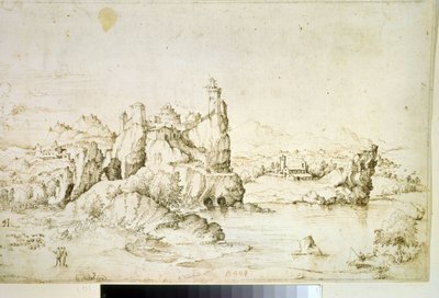 ""Un chateau perche sur une montagne"" (A Castle on a Rock in Mountainscape) Tegning med brunt blekk av Gherardo Cibo (1512-1600) 1540 Pushkin Museum, Moskva av Gherardo Cibo