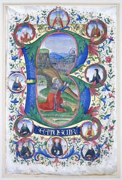 Kong David ved bønn innenfor en veldig stor initial "B", omringen med ti store runder som hver inneholder portrettet av en helgen, ca. 1500 av Gherardo di Giovanni del Fora