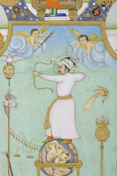 Detalj fra allegorisk portrett av Jahangir (ugjennomsiktig akvarell og gull på papir) av Ghulam Ali Khan