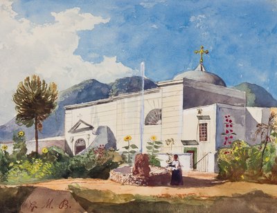 Kirke og fontene, muligens hagen til en kongelig residens, med tillegg av prins Gaetano Maria Federico di Borbone (1846-1871) (blyant, wc og gouache på papir) av Giacinto Gigante