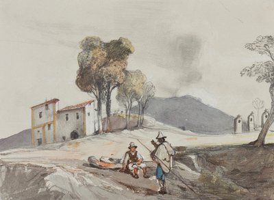 Hyrder med Vesuv i det fjerne, med tillegg av en Borbone-elev (blyant, wc og gouache på papir) av Giacinto Gigante
