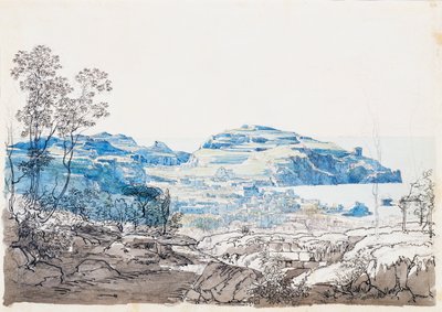 Utsikt over Ischia (Lacco Ameno), ca. 1845 (blyant, penn og akvarell) av Giacinto Gigante
