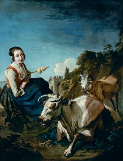 A Girl with a Cow and Sheep in a Rocky Landscape, ca. 1700 (olje på lerret) av Giacomo Ceruti