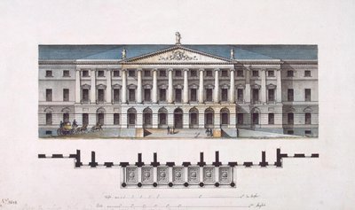 Prosjekt fra Smolny Institute. Hovedfasaden og planplanen, 1806-1808 av Giacomo Antonio Domenico Quarenghi