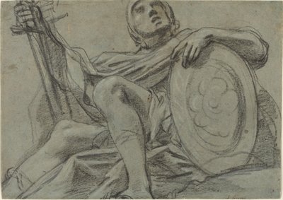 Sittende kriger som holder et sverd og skjold [recto] av Giacomo Cavedone