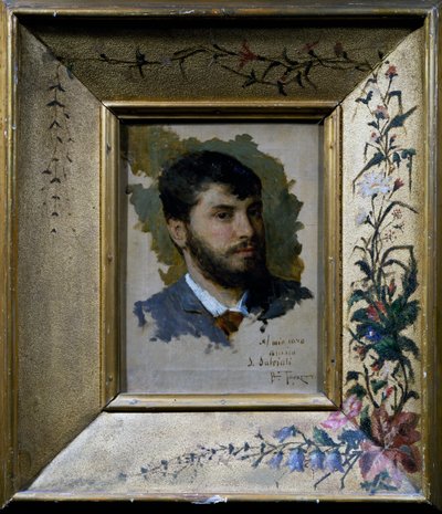 Selvportrett med malt ramme med blomstermotiv av Giacomo Favretto