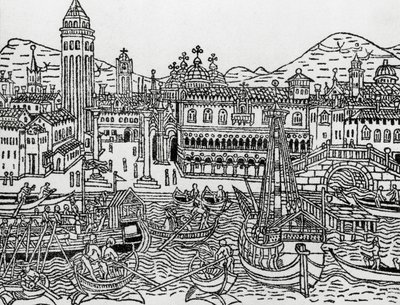 Utsikt over Venezia på 1400-tallet, Italia, tresnitt, fra Supplementum chronicarum av Giacomo Filippo Foresti (1434-1520) av Giacomo Filippo Foresti