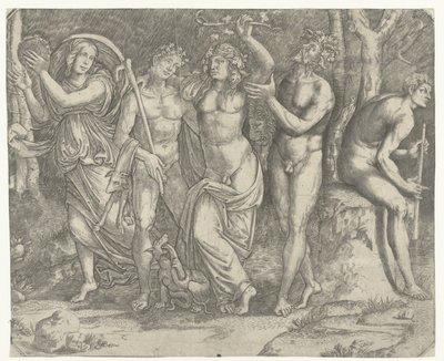 Bacchus og bacchanter og meanade med tamburin av Giacomo Francia