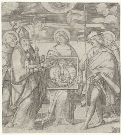 Fem skytshelgener av Bologna som skildrer Maria av Giacomo Francia