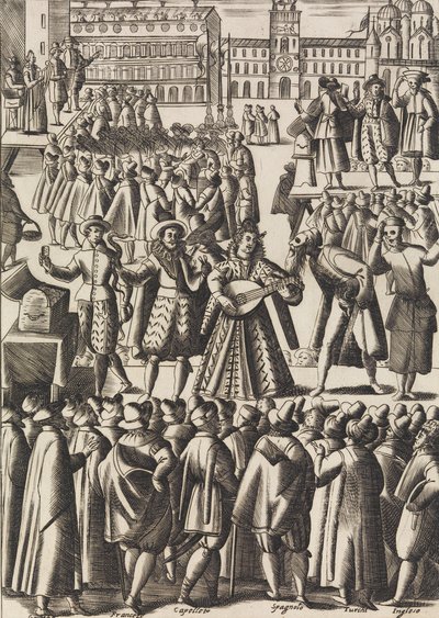 Underholdning som sjarlataner gir hver dag på Piazza di S. Marco al Populo ..., ca. 1610. av Giacomo Franco