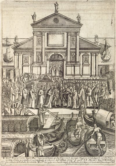 Dogen og hans følge lytter til vesperen 1. juledag i San Giorgio Maggiore-kirken i Venezia av Giacomo Franco