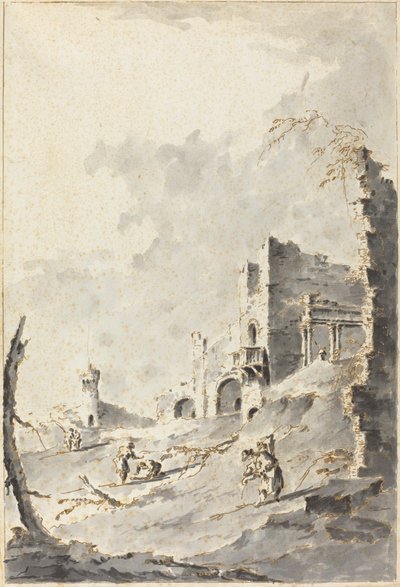 Capriccio av klassiske ruiner med en festning av Giacomo Guardi