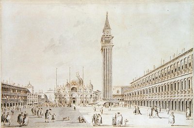 Utsikt over Piazza San Marco med utsikt mot basilikaen og Campanile (penn og blekk med vask på papir) av Giacomo Guardi