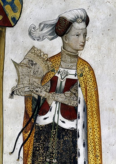 Skildring av markisen av Saluzzo og deres koner som historiske og mytologiske helter og heltinner. Detalj: Riccarda di Sicilia, kona til Tommaso II, som Amazonas-dronningen Lampeto. 1418-30 av Giacomo Jaquerio