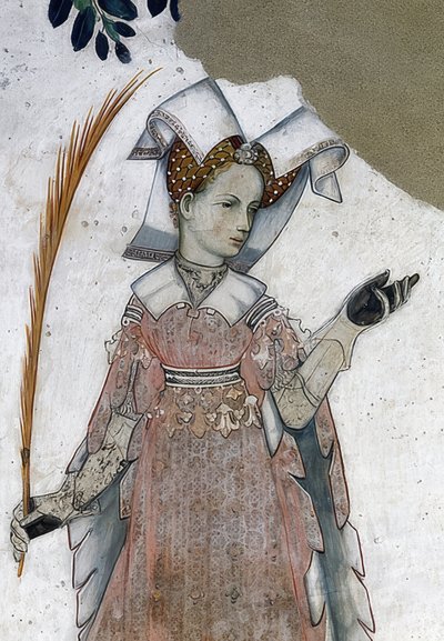 Skildring av markisen av Saluzzo og deres koner som historiske og mytologiske helter og heltinner. Detalj: Marguerite de Roussy, kone til Tommaso III. som Teuca. 1418-30 av Giacomo Jaquerio