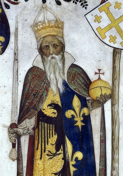 Skildring av markisen av Saluzzo og deres koner som historiske og mytologiske helter og heltinner. Detalj: Manfredo III. som Karl den Store. 1418-30 av Giacomo Jaquerio