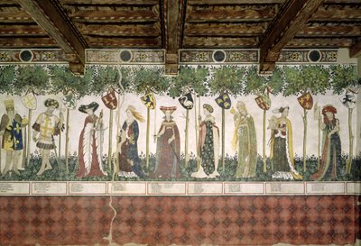 De ni verdige og de ni verdige kvinnene, detalj av Charlemagne, Godfrey de Bouillon, Delphine, Iynoppe, Hippolyte, Menalyppe, Semiramis, Lampeto og Tamyris, 1418-30 av Giacomo Jaquerio