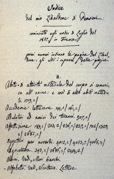 Incipit av manuskriptet til Zibaldone (eller "Pensieri") av Giacomo Leopardi (1798 - 1837). 1817-1832 av Giacomo Leopardi