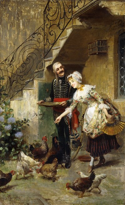 Et elegant par mater kyllinger i en gårdsplass, av Giacomo Mantegazza