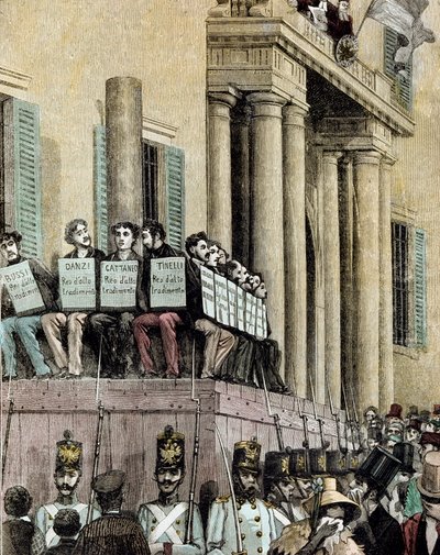 Risorgimento: "" medlemmer av Giovine Italia-bevegelsen (inkludert Carlo Cattaneo (1801-1869), Tinelli, Danzi, Bussi) sitter foran Justispalasset i Milano og lytter til dommen som dømte dem til eksil i 1848"" 1884 Litografi av Manteg av Giacomo Mantegazza