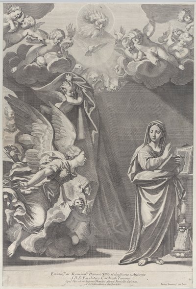Bebudelsen, med Gabriel og andre engler til venstre og Gud Faderen over, 168..., 1687-1717. av Giacomo Maria Giovannini