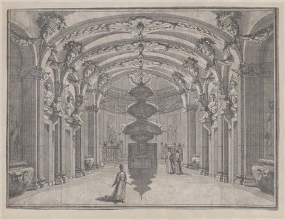 Teaterscene i en stor sal med hvelvet tak og en sentral skulptur, ..., ca. 1687-1717. av Giacomo Maria Giovannini