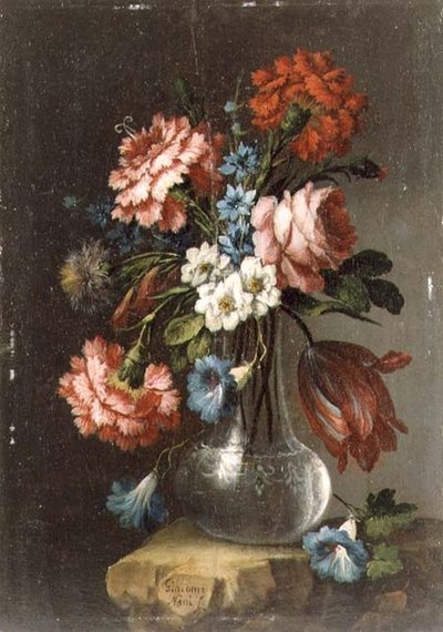 Roser, Tulipaner, Convolvuli og andre blomster i en glassvase av Giacomo Nani