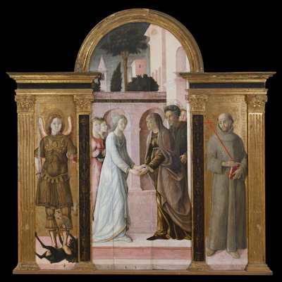 Triptych: The Visitation, mellom St. Michael og St. Francis (maleri på tre) av Giacomo Pacchiarotti