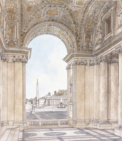 En utsikt over Piazza San Pietro, Roma ser sørover fra portikoen til basilikaen, før 1779 av Giacomo Quarenghi