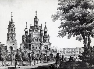 Himmelfartskirken og Gagarin-palasset i Moskva, tegning av Giacomo Quarenghi Domenico (1744-1817), trykk, Russland av Giacomo Quarenghi