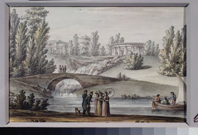 Apollon-tempelet og fossen i Pavlovsk-parken (Sankt Petersburg). Verk av Giacomo Antonio Domenico Quarenghi (1744-1817), blekk og akvarell på papir, rundt 1800. Italiensk kunst av Giacomo Quarenghi