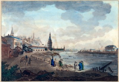 Utsikt over Moskva Kreml tatt fra steinbroen over Moskva (Moskva eller Moskwa). Verk av Giacomo Antonio Domenico Quarenghi (1744-1817), akvarell og blekk på papir, ca. 1790. Italiensk kunst av Giacomo Quarenghi