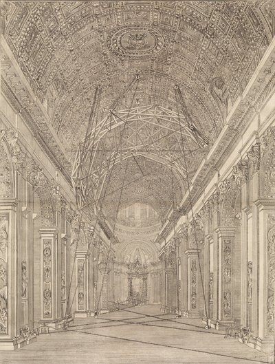 Stillas reist for restaurering av hvelvet i Peterskirken: Oversikt..., ca. 1773. av Giacomo Sangermano