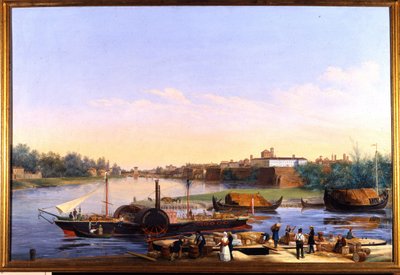 Utsikt over havnen i Pavia (Pavia) på Po og dampbåten Principessa Clementina""""" Maleri av Giacomo Trecourt (1812-1882) 1800-tallet av Giacomo Trecourt