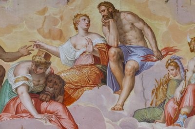 Juno, Jupiter, Cybele liggende på skyer, over arkitektoniske ruiner, detalj av Olympus-rommet, ca. 1557 (fresco) av Giambattista Zelotti