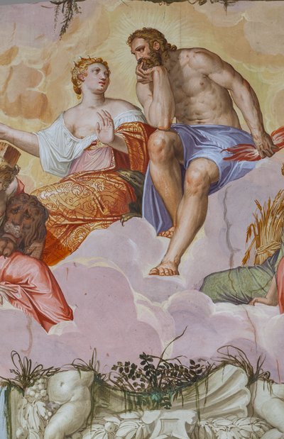 Juno og Jupiter liggende på skyer, over arkitektoniske ruiner, detalj av Olympus-rommet, ca. 1557 (fresco) av Giambattista Zelotti