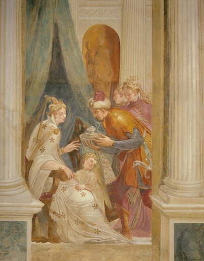 Høyre vegg som viser Sophonisba med barnet hennes som mottar neste pott med gift (fresco) av Giambattista (1526 78) Zelotti