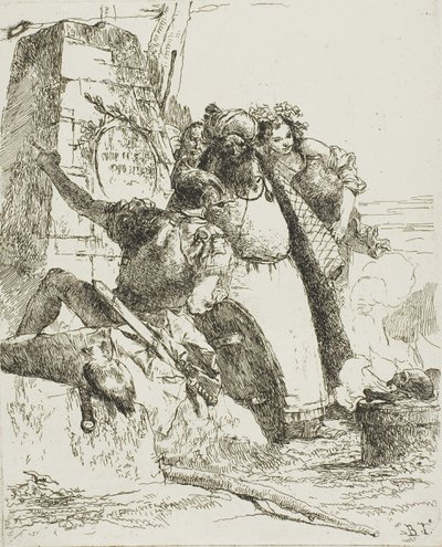 En tryllekunstner, en soldat og tre figurer som ser på en brennende hodeskalle, fra Scherzi av Giambattista Tiepolo